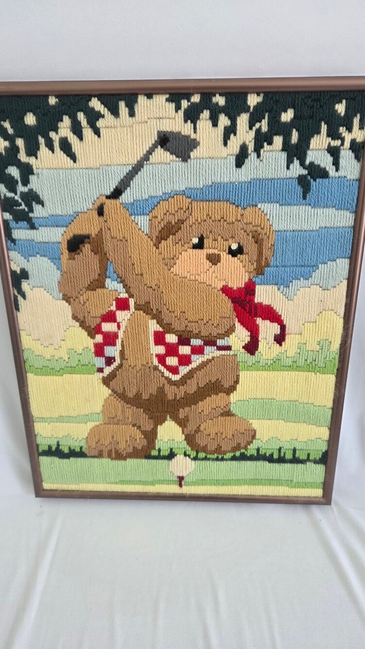 Vtg Needlepoint Golfer Bear 14 x 11